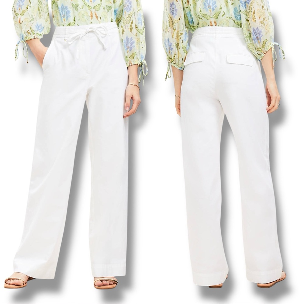 NWOT Loft Size 8 White High Waist Straight Leg Pants Cotton-Viscose Tie Belt